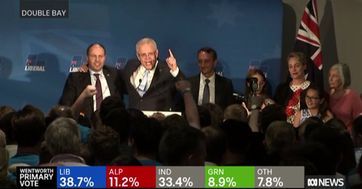 THE_Russell's tweet photo. CAREFUL JOSH!  The last two people "Kiss of Death Morrison" put his arm around lost their seat! #WentworthByElection #WentworthVotes #auspol https://t.co/gzZ0m2eqZr