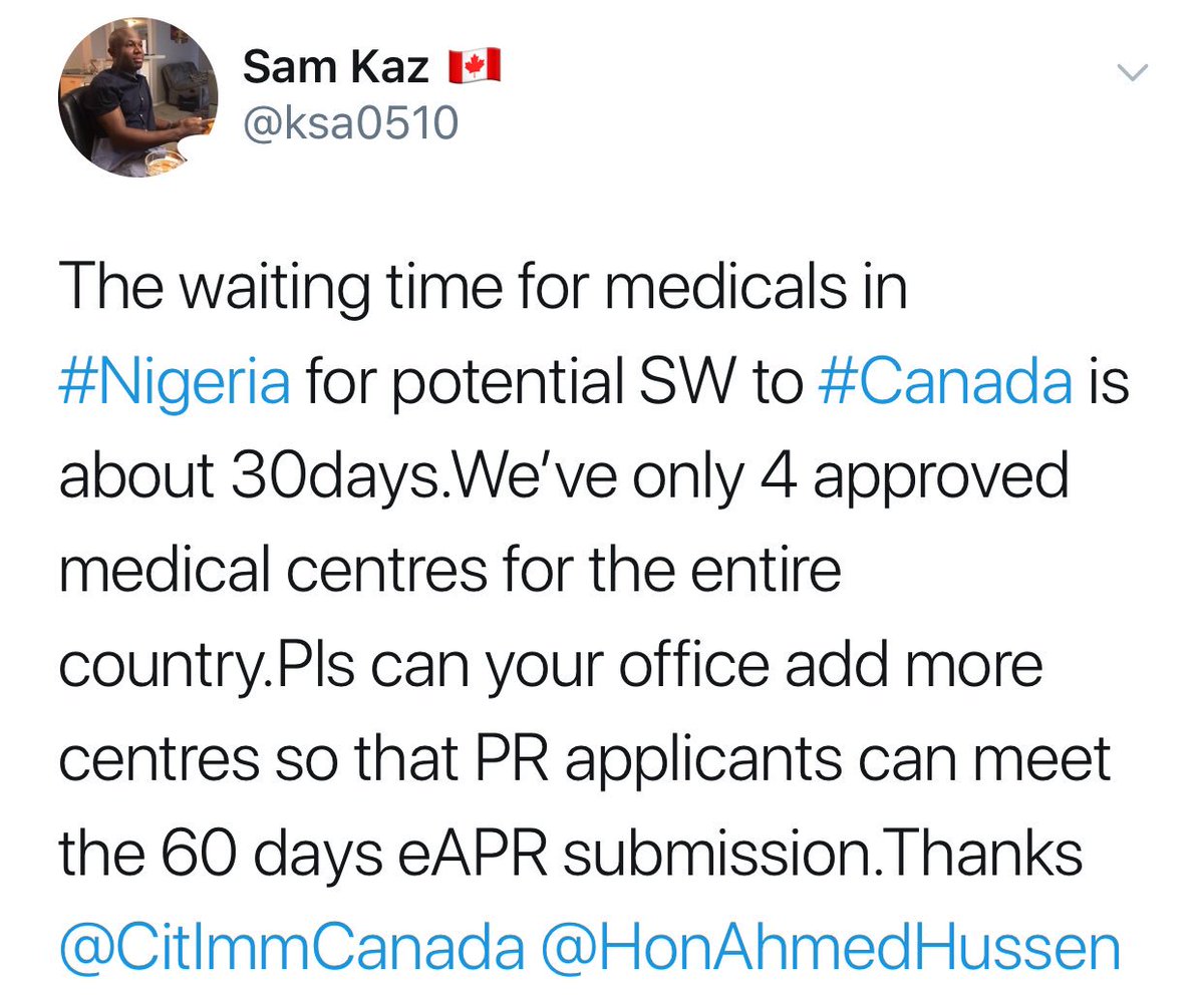 .<a href="/HonAhmedHussen/">Ahmed Hussen</a> Nigerians need more approved Canadian Immigration medical centres in #Nigeria.The 4 approved centres are overwhelmed with appointments and can’t keep up with applicants request.Thank you @citimmcanada  <a href="/justinpjtrudeau/">Justin Trudeau</a> <a href="/UNmigration/">IOM - UN Migration 🇺🇳</a> <a href="/PremiumTimesng/">Premium Times</a> <a href="/Gov_NB/">Government of NB</a>