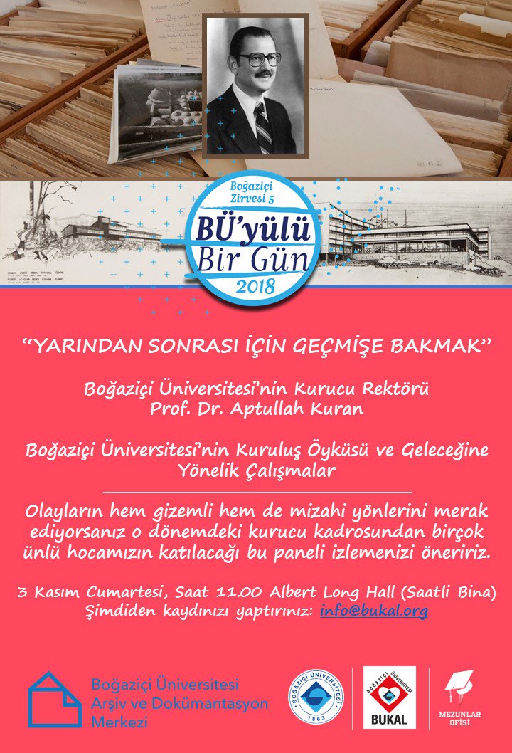 "Yarından Sonrası için Geçmişe Bakmak" 
Prof. Dr. Aptullah Kuran'ın anılarıyla Boğaziçi Üniversitesinin Kuruluş Öyküsü ve Geleceğine Yönelik Çalışmalar