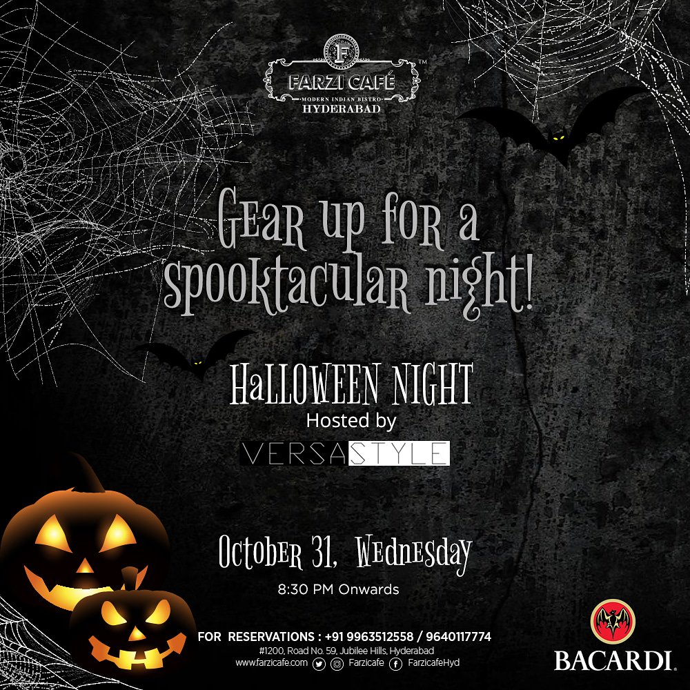 FarziCafe's tweet photo. An exciting Halloween night that will give you goosebumps awaits you at Farzi Cafe, Hyderabad! Are you ready?
October 31| Wednesday| 8:30 PM
For Reservations: +91 9963512558/ 9640117774
#GetFarzified #Halloween #Halloween2018 https://t.co/mUR2k7YB8M