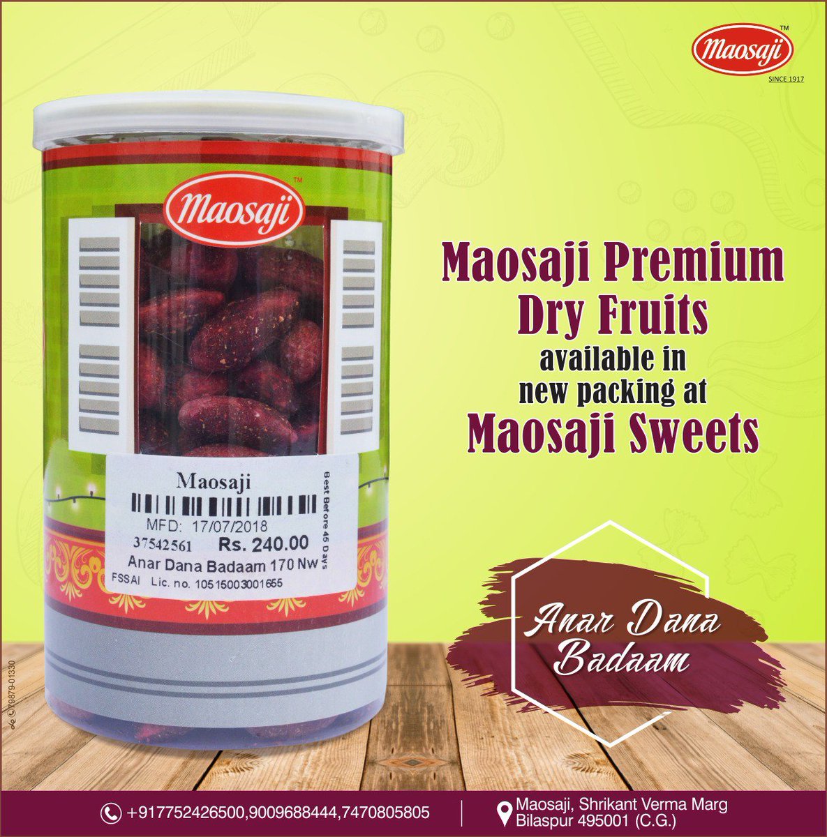 This #festive season enjoy our new #PremiumDryFruits available in new packing only at #MaosajiSweets.
#ContactUs: 90096-88444, 74708-05805, +91 7752 426500.
