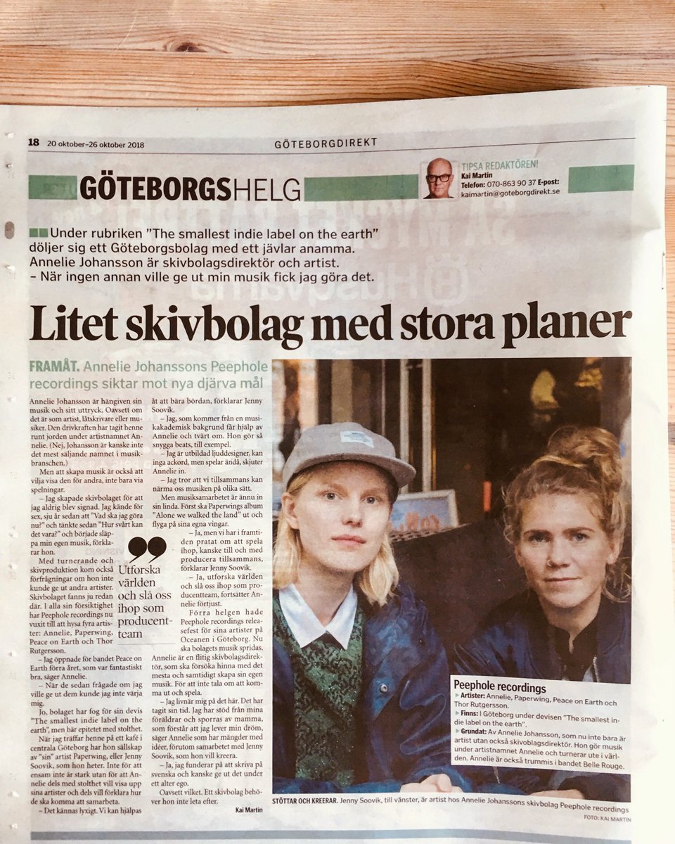 annelieorama's tweet photo. INTERVIEW ABOUT MY LABEL, MUSIC &amp; ROSTER! 🦋🦋🦋
-
✨GöteborgDirekt✨
-
@peaceonearthband @paperwingofficial @thorrutgersson @artistpage.annelie 
-
#annelie #peepholerecordings #newmusic #newplans #interview #portrait #goteborgdirekt #gothenburg #label #recordlabel https://t.co/zfEPCSwZ3i