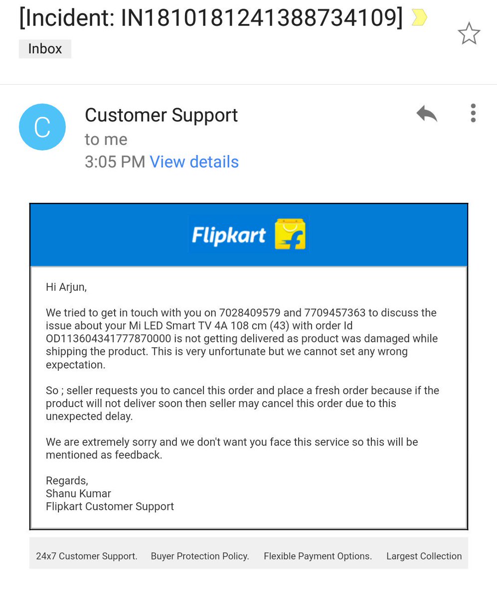 ArjunApsunde's tweet photo. @Flipkart @_sachinbansal @flipkartsupport @FlipkartStories  @_Kalyan_K  I have ordered MI tv 43" on 10 OCT and now you are saying product is damaged during shipping and we can not delivered.please cancel order.what is this.17 of OCT was delivery date why you guys do such business https://t.co/3ObDqVIPX8