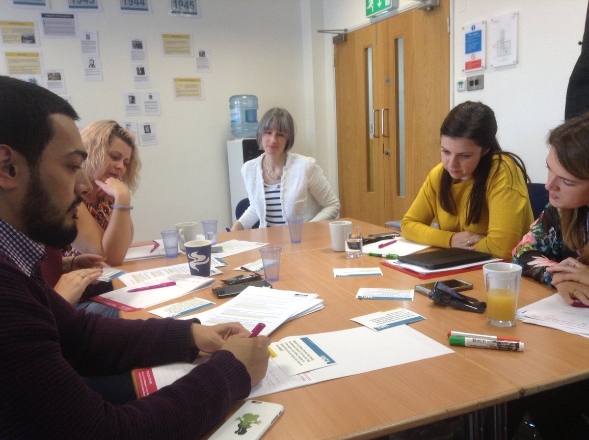 UCL_Holocaust's tweet photo. Centre #BeaconSchool18 mentor @emmaobrien010 is meeting #AlRisalah @blackpoolaspire @GreyCourtTweets @HarrogateGS @PrinceHenrysGS Lead Teachers whilst working through activities designed to consider what were the crimes committed by Nazis &amp; their collaborators https://t.co/RiKFwIIlRC