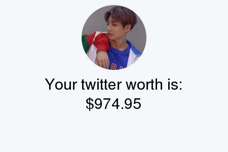 PJMPLANET's tweet photo. My Twitter worth is: $974.95

Find yours with https://t.co/SGx9E7O0YB

. https://t.co/JblpAiST7f