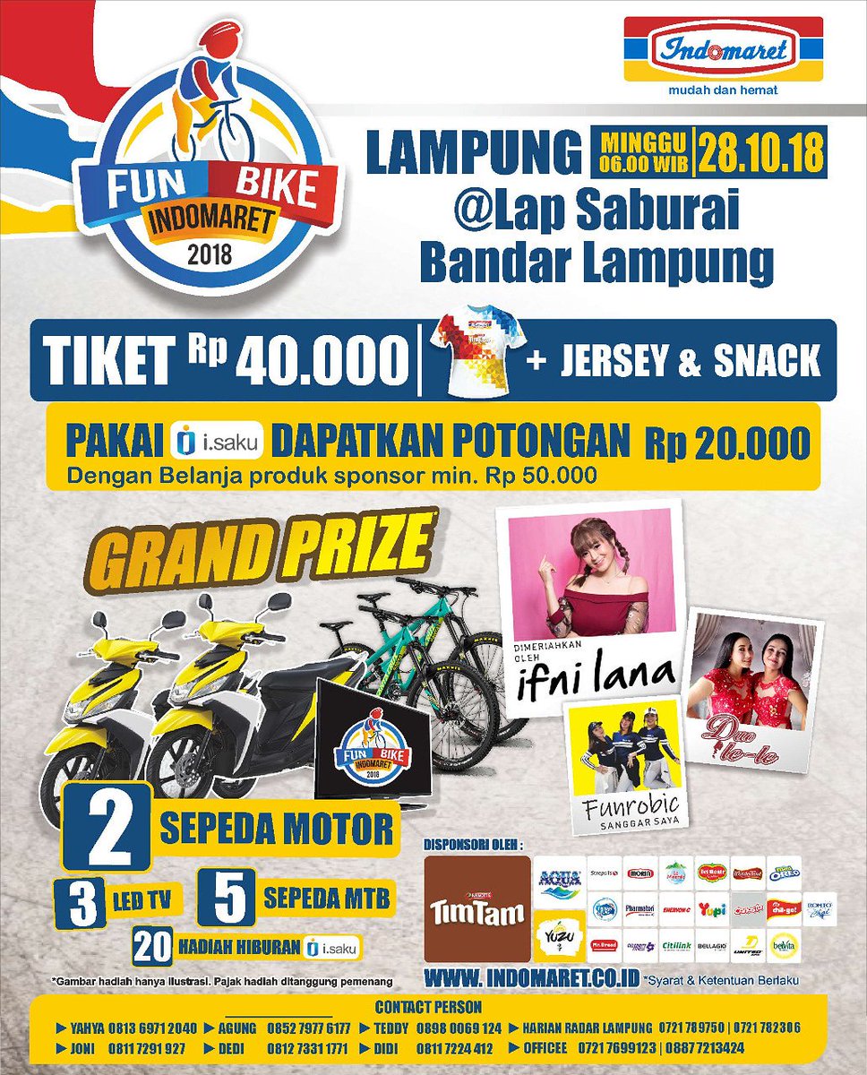 Funbike Indomaret 2018 kembali hadir,Minggu 28 Oktober 2018. Ayo sobat,segera daftarkan diri anda dan club sepeda anda keIndomaret terdekat. Kami tunggu ya....
