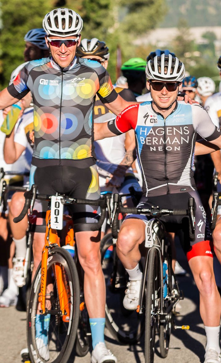 OkGranfondo's tweet photo. Here's a pic of @toseanandbeyond & @axelmerckx at the start of this year's 8th @axelsgranfondo. Next season Sean will be riding #PinkArgyle with @Ride_Argyle. Proving yet again that if YOU ride our Fondo, there's a chance you can ride the @UCIWorldTour! #RideHardSmileOften #PGAMO https://t.co/xKGm1Vv7wJ