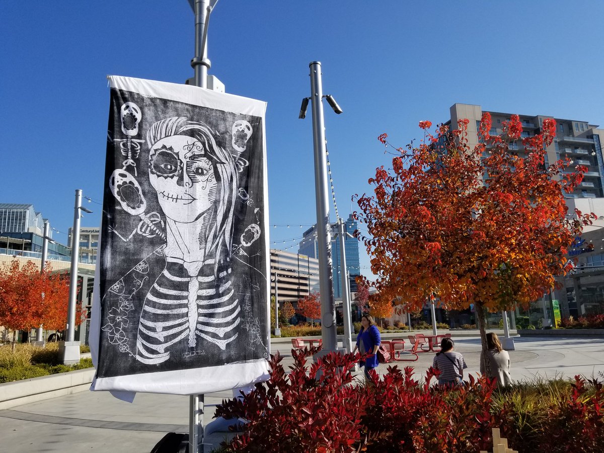 PixBoise's tweet photo. One of the dozens of prints pressed by a steamroller on print day for the Dia de Muertos project at @JUMPboise https://t.co/ESH4WKkyF7
