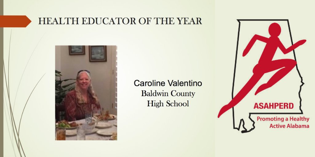Congratulations Caroline Valentino, ASAHPERD's Health Education Teacher of the Year. #healthed #StrongerTogether #ASAHPERD18 <a href="/Baldwin_Cty_BOE/">Baldwin Schools</a>
