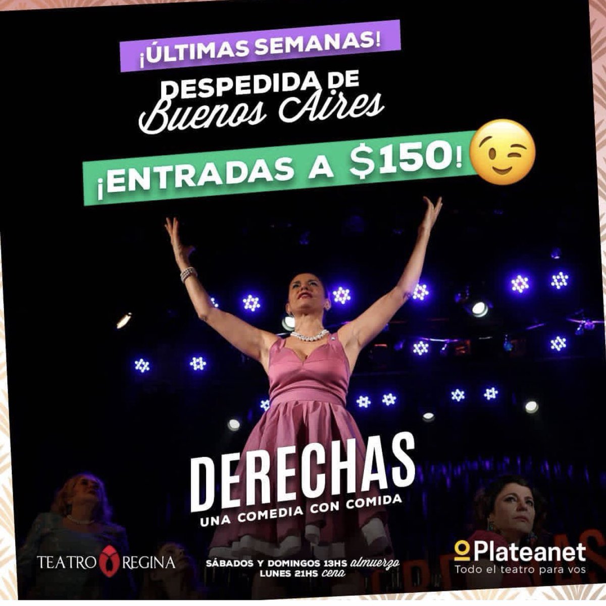 teatroreginaok's tweet photo. 💥IMPERDIBLE PROMO💥 Veni a reirte y a comer cosas ricas pagando menos que un menú ejecutivo! 👉🏻Entrá YA en @Plateanet , elegí la función, ingresá el código #DERECHASPROMO y llevate tu entrada por sólo $150.- ¡Hay 50 cupos por función! https://t.co/jEXdFp6d2x
