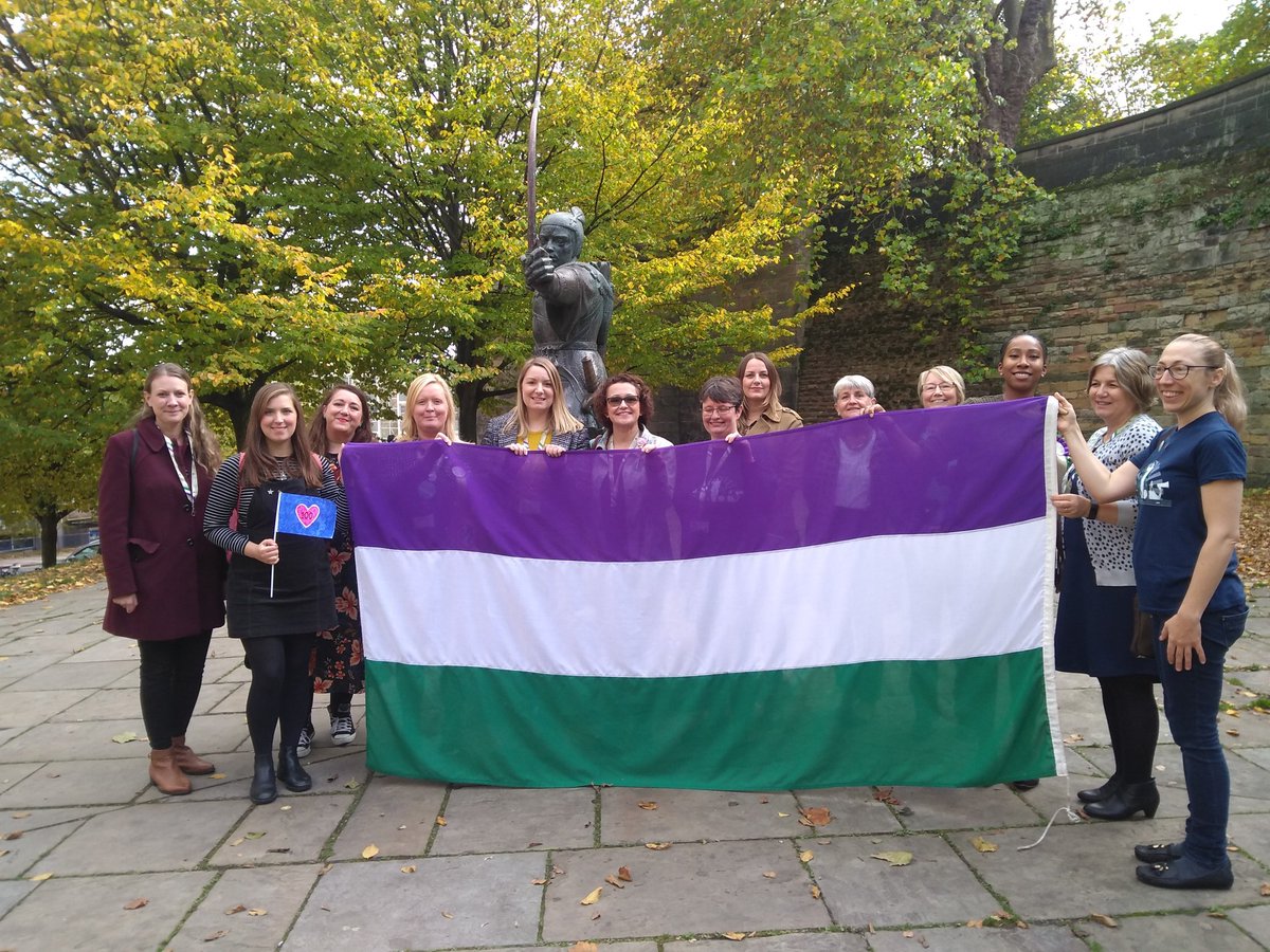 NottsWomensHist's tweet photo. Great afternoon on Wednesday 17th October welcoming the suffrage flag into Nottingham! #Vote100Notts #suffrage #vote100 #NWHG https://t.co/Ojgt5x7hvG