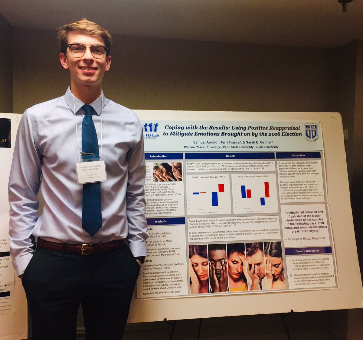 sarahegaither's tweet photo. Poster #1 of the day at #SSSP2018 from one of my research assistants Sam from @WPeaceU focusing on positive emotion reappraisal after the 2016 Presidential Election done! Now the rest of the #dukeidlab is ready for the data blitz session! @DukeU @DukePsychNeuro https://t.co/rTuDZtBOBW