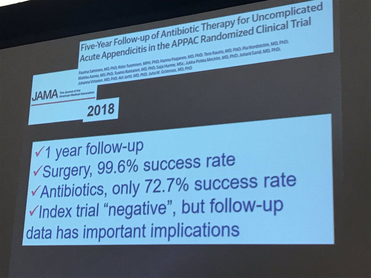 Herniadoc's tweet image. Largest known study on non-operative antibiotic only treatment of #appendicitis (AKA #APPAC study) shows 40% failure at 5 yrs. All who failed re-presented w/ uncomplicated appendicitis. 

So delay of appendectomy &amp;amp; relying on antibiotics alone is not dangerous. @kinabamd #ACSCC18