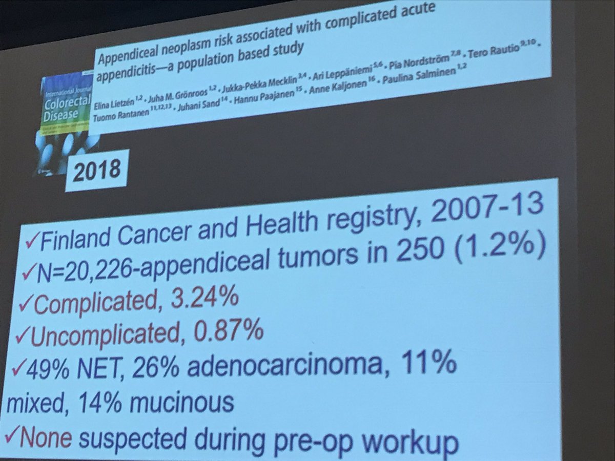 Herniadoc's tweet image. Be wary: if you choose non-operative management of #appendicitis, there is a 1.2% risk of missing a #malignancy per Finland #APPAC study. 

@kinabamd #ACSCC18
