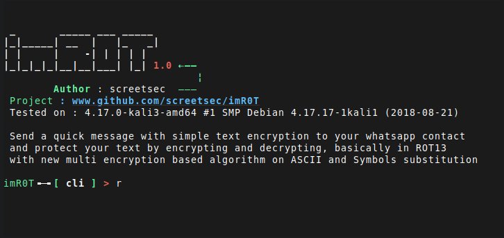 KitPloit's tweet image. imR0T - Send A Message To Your Whatsapp Contact And Protect Your Text By Encrypting And Decrypting (ROT13) j.mp/2ySwfIK #BackBox