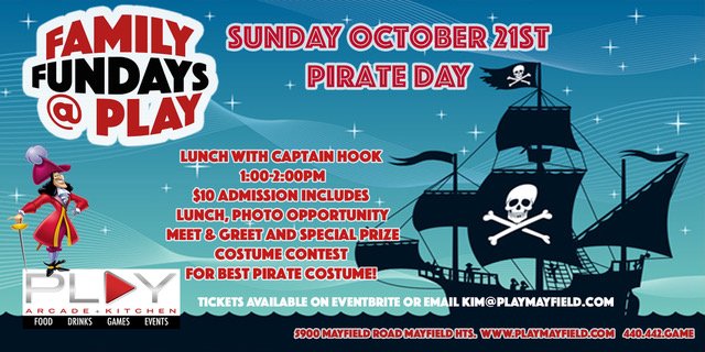 Play_Mayfield's tweet photo. Tomorrow at Play Arcade and Kitchen, stop in for a Pirate Day Luncheon during Family Fundays @ PLAY. $10 admission includes kids lunch, a $10 game card, and a photo opportunity with Captain Hook! Stop in between 1pm - 2pm. https://t.co/wqg03HqdXK https://t.co/wyX1aMTT52
