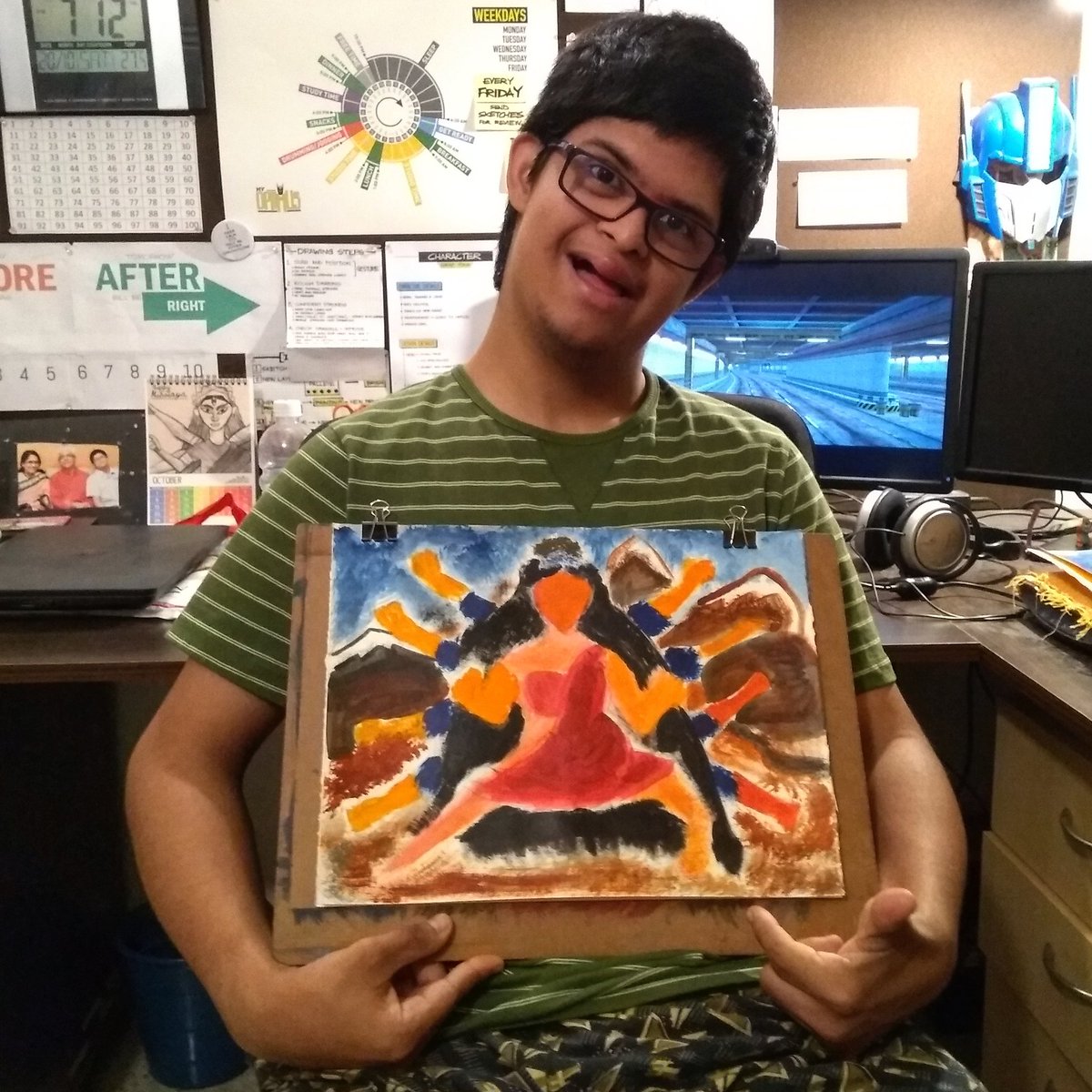 artofmyoptimus's tweet photo. Ma #Durga has gone to Kailash and I am very sad. 😔 I miss Durga. She will come back soon! ❤😊
_
#downsyndromeartist #artofmyoptimus #SuperheroJijo #downsyndrome #upwithdown  #artistsontwitter #artist #art #differentlyabled #sketch #festival #india #durgapuja #DurgaPuja2018 https://t.co/R2hC1Z2U3k