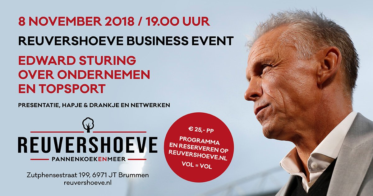 Edward Sturing (assistent-trainer Vitesse, oud-speler de Graafschap, Vitesse én van Oranje) geeft 8/11 een presentatie bij <a href="/Reuvershoeve/">Reuvershoeve</a> € 25,- p.p. reserveer via …levent.pannenkoekbakkerij.resengo.com
#reuvershoeve #businessevent #vitesse #netwerkborrel #edwardsturing #topsportenondernemen