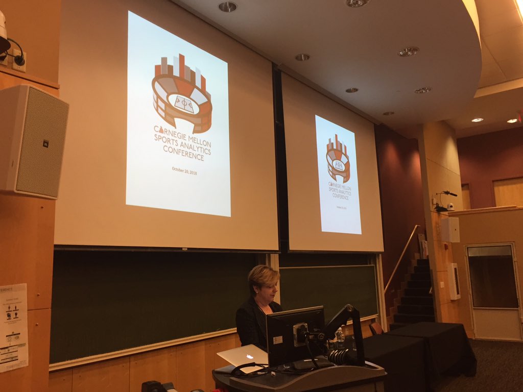 CMU_StatDS's tweet photo. Sherri Nichols @SherriMNichols at #CMSAC18 telling her fascinating story of early sabermetrics including the origin of several groundbreaking baseball data collection efforts #DisruptingExpectations #retrosheet https://t.co/YzBvkKr1QR