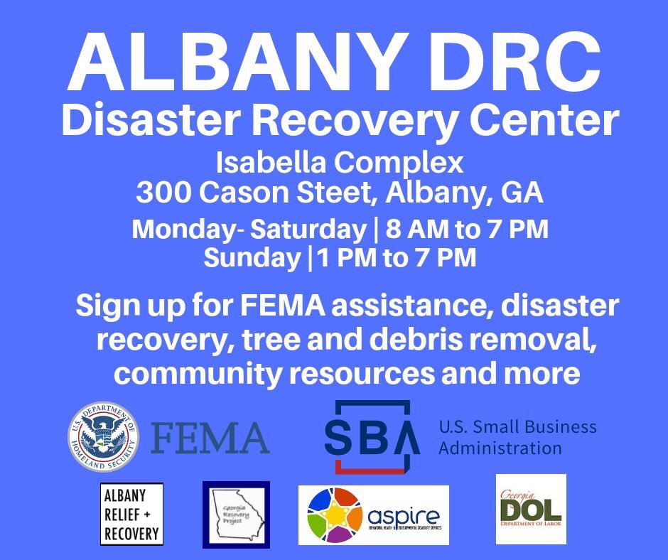 AspireBHDDS's tweet photo. OPEN TODAY!! Please share!
#DisasterRelief #DisasterRecovery #Assistance #CommunitySupport #CommunityResources #COAD #CommunityOrganizationsActiveInDisaster #HurricaneMichael #SouthwestGeorgia #OneDayAtATime #FEMA #GEMA https://t.co/1fnTm3ILog