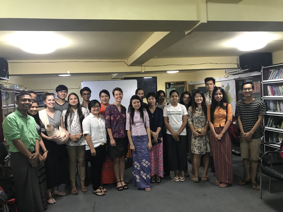 RepJennyEck's tweet photo. Today was my first day in Myanmar with the State Dept. @yseali program. Fascinating convo with students at Yangon School of Political Science re. importance of women in government.  Inspiring! https://t.co/PmpAFY11z7