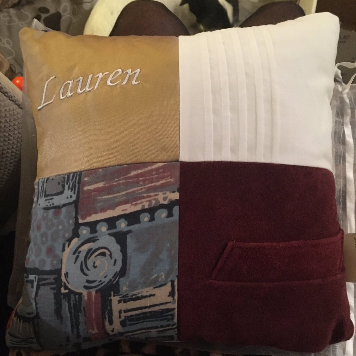 Lporter_2's tweet photo. Wow what an amazing gift from my beautiful Mum x A cushion made out of my Dads clothes. Moving from our family home after 41 years to new beginnings❤️ #family #mum #memories #gift #love #emotional #sadtimes #cushion #dadsclothes #misshim #lovethem #happy #newbeginning #familytime https://t.co/02a1ZlhH9n