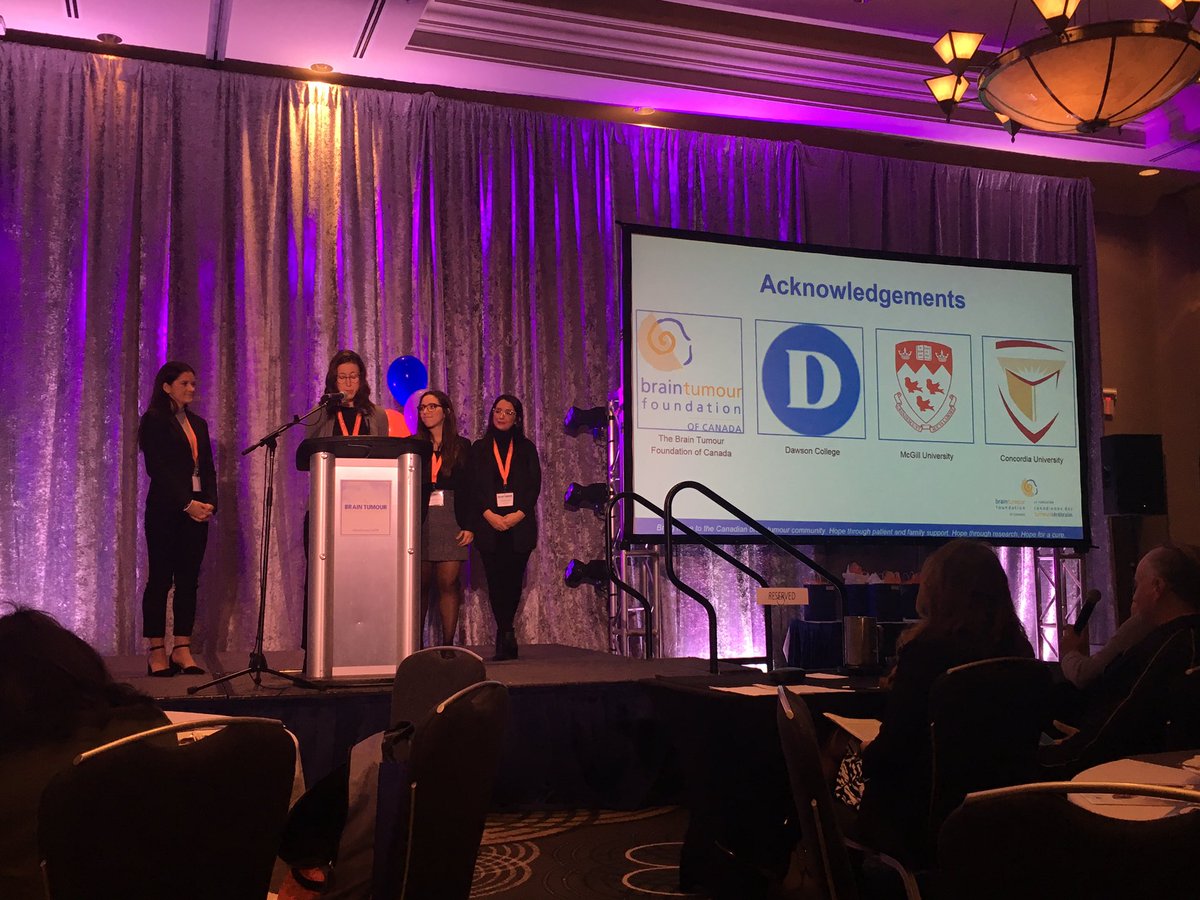 LisaPorter2's tweet photo. Team 3 - our dynamic 4-some from @mcgillu @Concordia @DawsonSchoolCC highlight their awaesome ideas fir unique targeting of telomerase using internasal delivery of inhibitors. #brainTumourConf18 https://t.co/MhPtYVWara