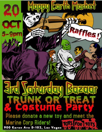 HappyEarthMarke's tweet photo. 3rd Saturday Bazaar Tunk or Treat
Tonight is the night. Bring the kids, bring your appetite.
@LVHelpGro @LVHuntridge @LasVegasLocally @pacarlon @themarineriders @X1075 @reviewjournal @953EastSahara @pengui https://t.co/pSB0H4gXIY