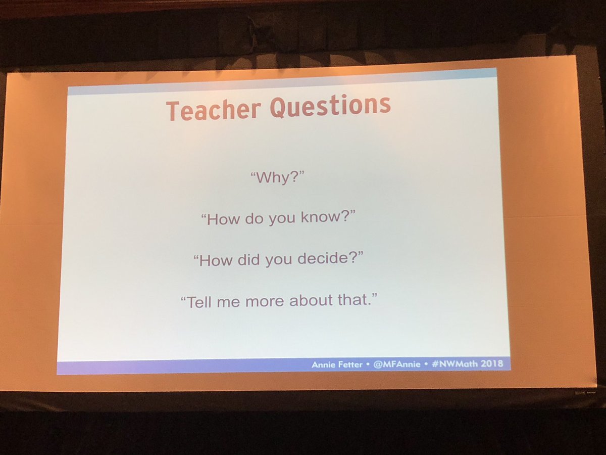 jnovakowski_'s tweet photo. Instead of asking the class “what’s the answer to number 7?” use “tell me something you know about number 7” with @MFAnnie 

To disrupt the notion that math is about answer getting, shift the focus to talking about ideas.

@nwmathconf #NWmath https://t.co/JwXhquxZEN