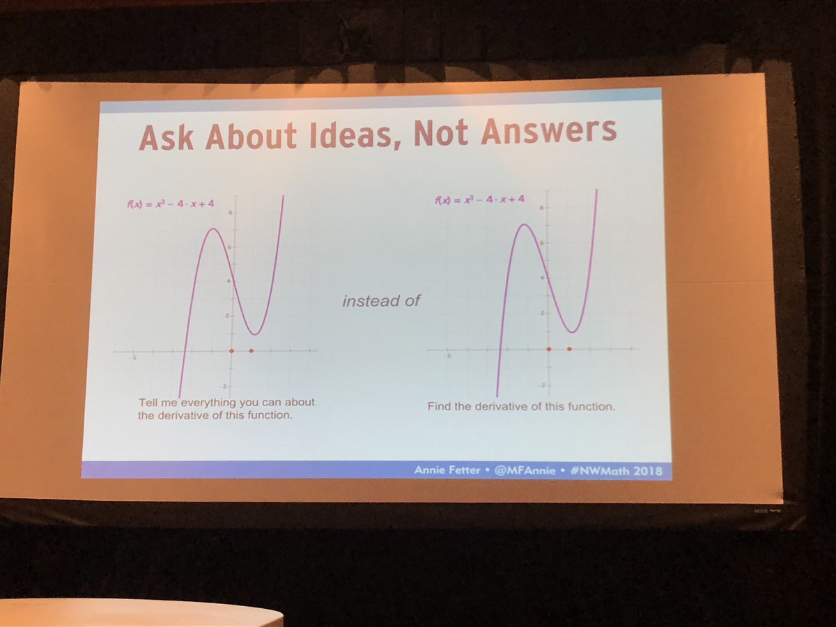 jnovakowski_'s tweet photo. Instead of asking the class “what’s the answer to number 7?” use “tell me something you know about number 7” with @MFAnnie 

To disrupt the notion that math is about answer getting, shift the focus to talking about ideas.

@nwmathconf #NWmath https://t.co/JwXhquxZEN