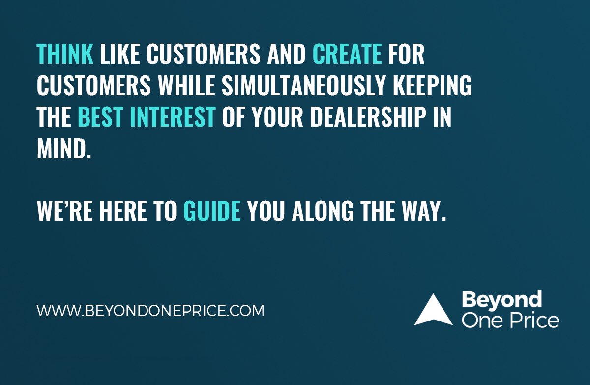 BeyondOnePrice's tweet photo. Beyond One Price understands how to guide #automotive dealers to create and implement a win-win for your customers, dealership team, and owners/investors/OEM. Today’s car buyers expect more so should you. Cindy@beyondoneprice.com. #digitalretailing #customerexperience https://t.co/RJXzd48k1o
