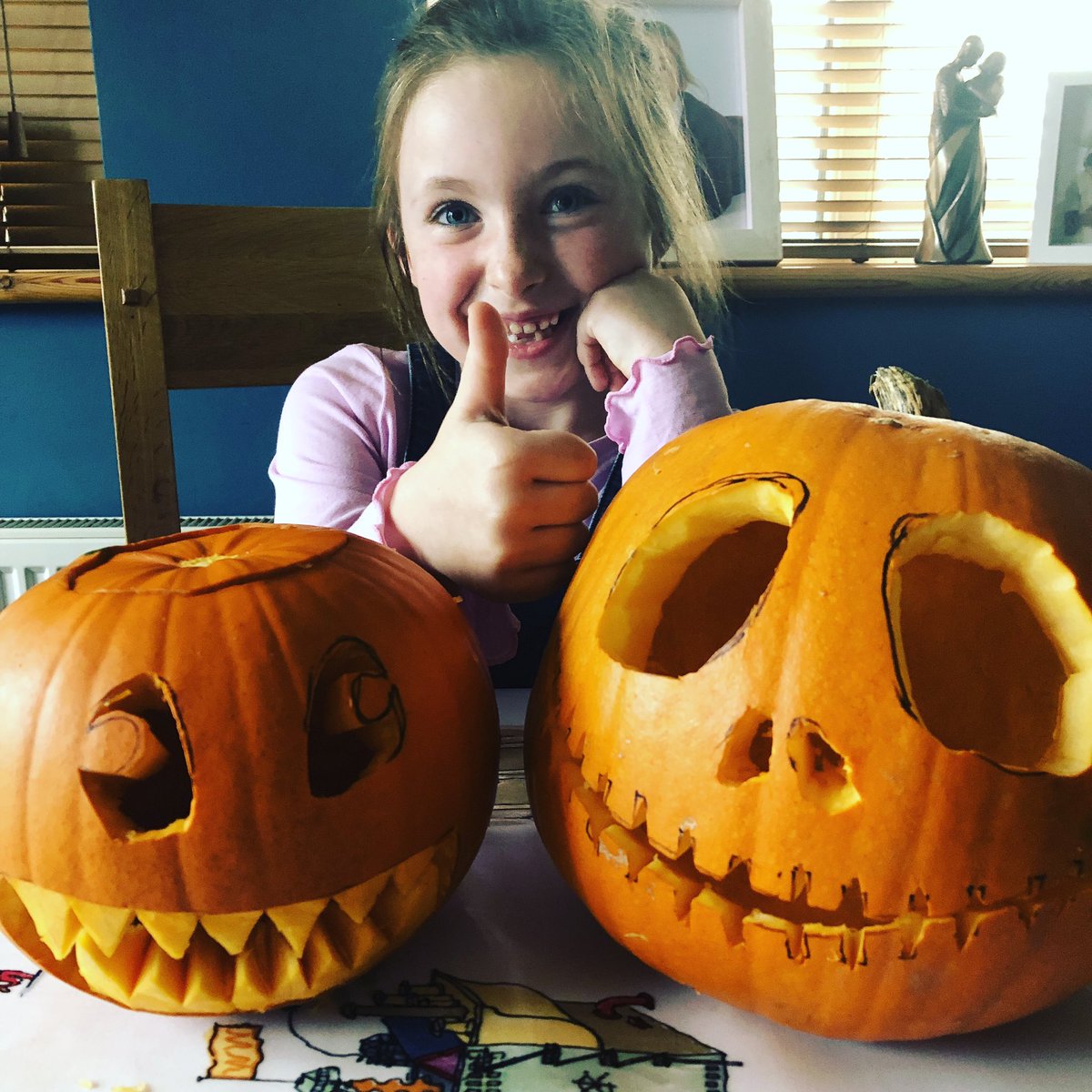 MolloyMaryann's tweet photo. It’s my favorite time of year ... Jack skeleton & Oogie boogie pumpkin heads as requested by my two ladies! One ☝️ cut finger #Creative #family #fun #learningallmylife https://t.co/7YP2Ajpp7G