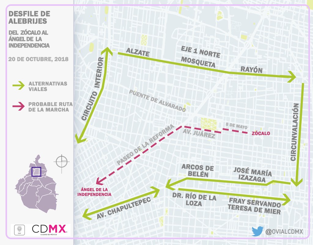 OVIALCDMX's tweet photo. 11:15 Tome precauciones por 12° Desfile de #Alebrijes Monumentales 2018 del Zócalo al Ángel de la Independencia. Consulte ruta y #AlternativaVial https://t.co/gRO5R1bdTb