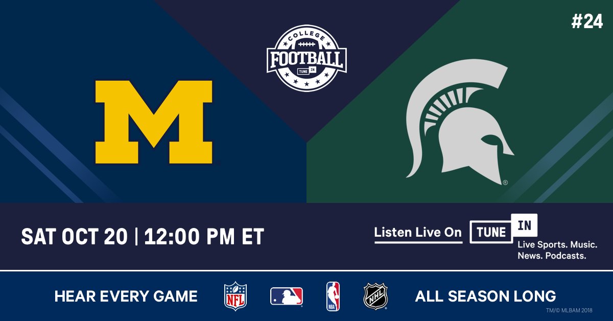 tunein's tweet photo. In-state rival alert! @UMichFootball vs. @MSU_Football is live! Listen here: https://t.co/41Ne8mETaT #CFB2018 #Gameday https://t.co/RLTTu4nwRp