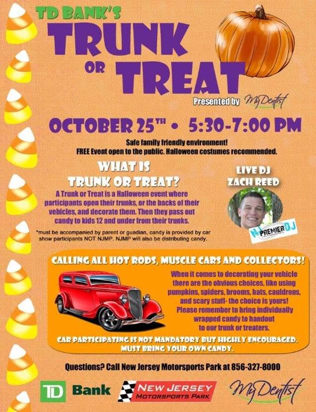 GMCC members are invited to participate in Trunk or Treat at New Jersey Motorsports Park on October 25. #FunatNJMP