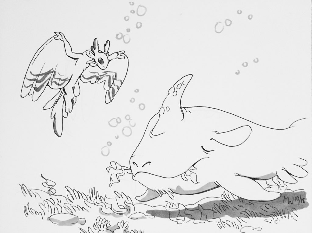 lynxgriffin's tweet photo. #inktober2018 day 8 - Skiggle approaches the strange creature. It appears to eat water plants! But what’s it called? #giveananswer https://t.co/du5KFig9vQ