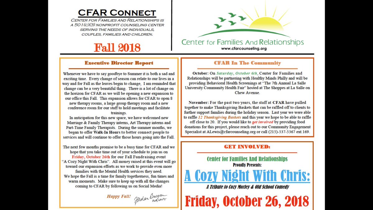 OfficialCFAR's tweet image. Don’t forget to check out our Fall Newsletter! Even though the weather hasn’t been all that Fall like, we still love to take the opportunity to tell you what’s going on at CFAR and all the exciting things to come! #Philadelphia #MentalHealth