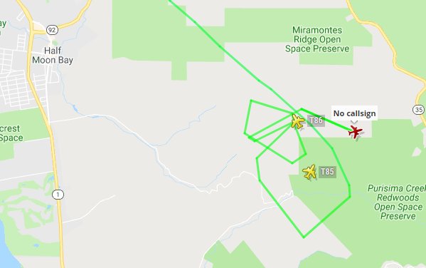 CAFireScanner's tweet image. AA140, T85 &amp;amp; T86 overhead of the #HigginsFire in San Mateo Co, off Higgins Canyon Rd. Last report was 5-6 acres in grass, slow ROS. 2nd alarm assignment from San Mateo Co.