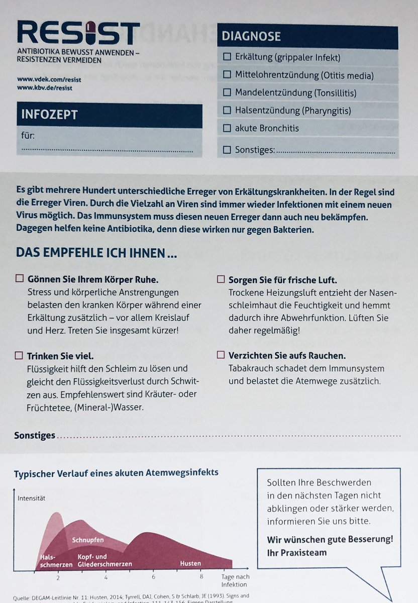 drluebbers's tweet photo. Zur Vermeidung von unnötigen Antibiotika-Gaben unterstützt die Kassenärztliche Vereinigung teilnehmende Ärzte mit Infomaterial. Das Infozept stellt auch den typischen Verlauf eines Virusinfektes dar, der sich weder durch Antibiotika noch durch Globuli beeinflussen lässt. #RESIST https://t.co/fOfVdxRFcx