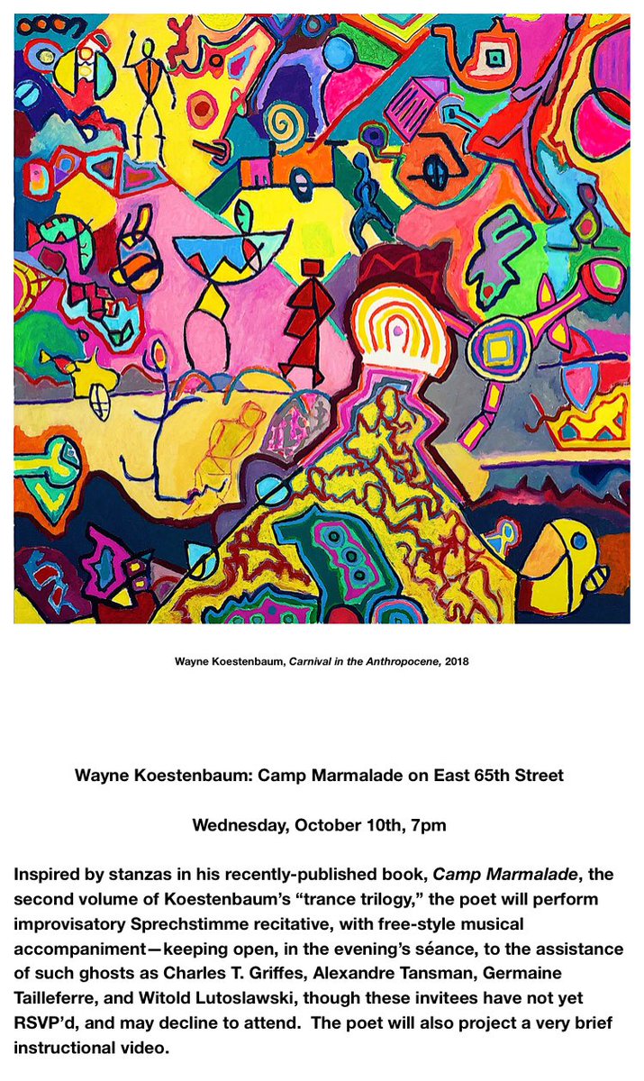 TAInstitute's tweet photo. Wayne Koestenbaum presents “Camp Marmalade on East 65th Street” this Wednesday, October 10th, 7pm, 132 E. 65th Street. Don’t miss it! @CampMarmalade https://t.co/4fcodwC1fp