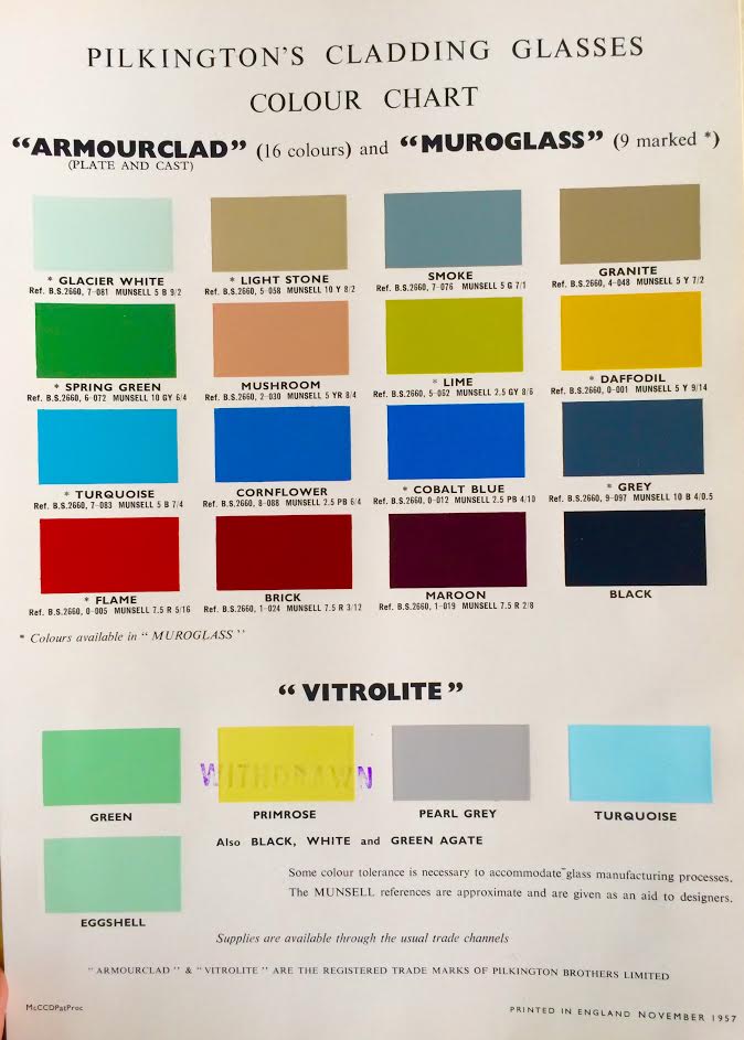 OSaumarezSmith's tweet photo. A colour chart for Pilkingtons glass cladding screens, and a few of the post-war buildings enlivened by them: https://t.co/1AHSAyR5wc
