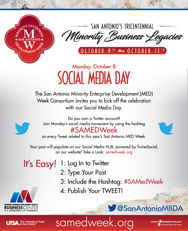 SAMBDAExport's tweet photo. Today is the 2018 #SanAntonio #Minority Enterprise Development (MED) Week's #SocialMedia Day!
Please use #SAMEDWeek on your tweets related to this week-long celebration. You can check all the social media posts our website https://t.co/78NfarylWU. @USMBDA #MBE https://t.co/CuYgNJ3yPy