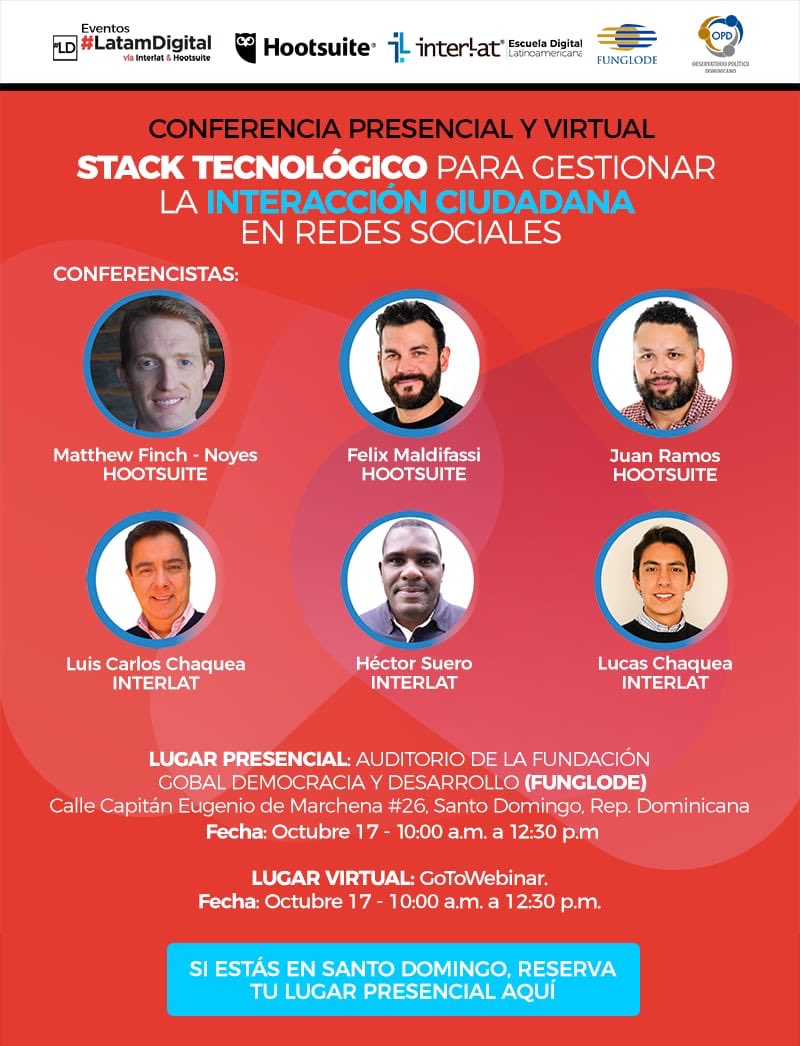 OPDFUNGLODE's tweet photo. 1/2: #PanelRedesSociales| El #OPD te invita a la conferencia presencial y virtual “Stack tecnológico para gestionar la interacción ciudadana en redes sociales” que se realizará este 17 de octubre. @FUNGLODE https://t.co/NMjPFdhrjN