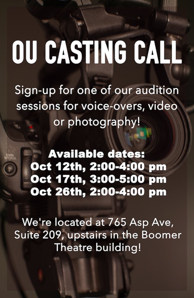 🗣️Calling all Sooners! Do you want to be the face or voice of OU? Sign up for an audition session at the OU casting call.   

➡️link.ou.edu/2CrZJBz