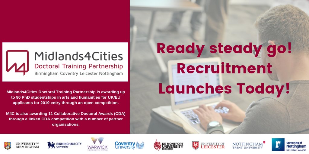 Midlands4Cities's tweet photo. Midlands4Cities Doctoral Training Partnership is awarding up to 80 PhD studentships in arts and humanities for UK/EU applicants for 2019 entry!! Find out more at https://t.co/NjUAB5OalG https://t.co/q4TR1lHmk1