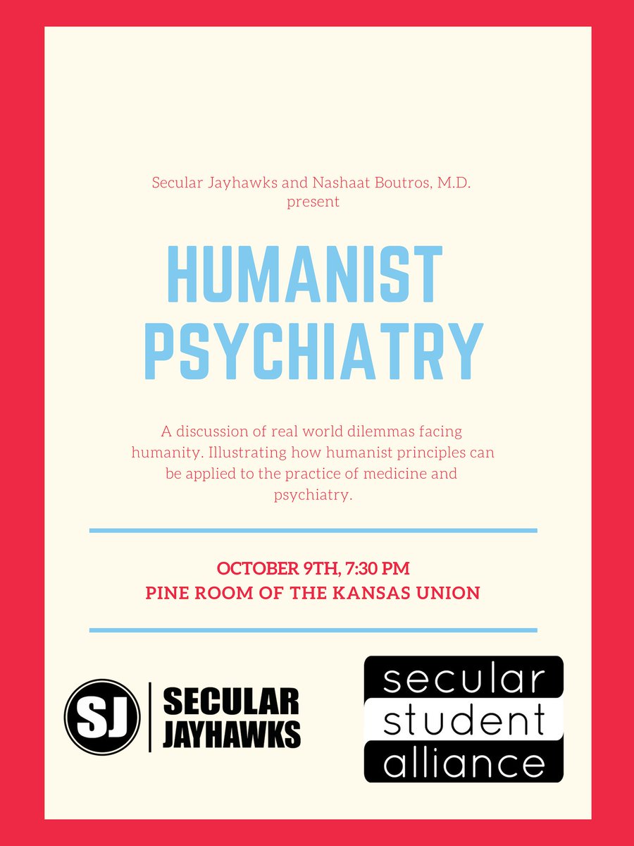 secularjayhawks's tweet image. Tomorrow we will be having a special presentation by Nashaat Boutros, M.D. This promises to be a great presentation by a wonderful individual. All are welcome, feel free to invite those who may be interested. See you tomorrow at 7:30 in the Pine Room!