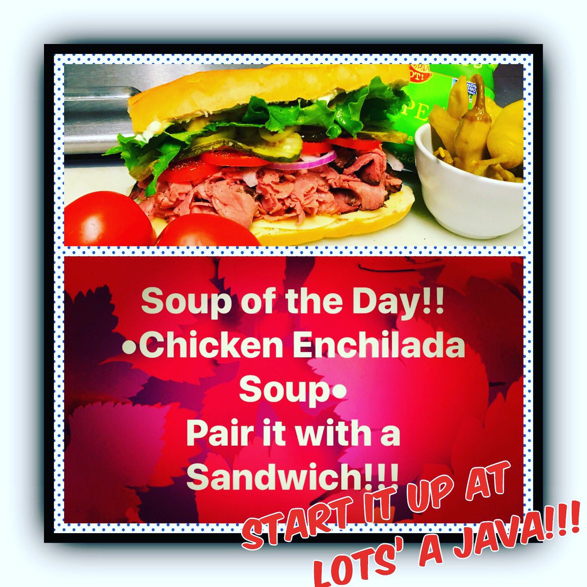 LotsJava's tweet photo. Soup of the Day for Monday is our savory Chicken Enchilada Soup.Why not pair it up with your customized sandwich!Calling ahead highly recommended 530.534.9926 #lotsajava #oroville #whatsinyourlunchbag #baguetteandbutter #soupoftheday #chickenenchiladasoup #lunchtime #sandwiches https://t.co/w5NcwY7fda