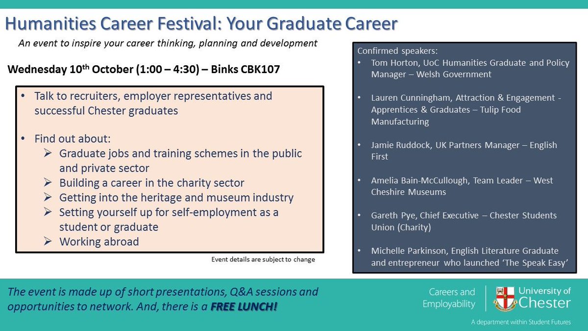 Don't forget the Humanities Career Festival coming up this week! 😀
Your Graduate Career - Wednesday 10 October, 1pm, Binks CBK107. To register please visit buff.ly/2IwSrMZ 
#mychesterstory #careers #graduatejobs #graduatecareers #careerfestival <a href="/chestercareers/">University of Chester Careers</a>