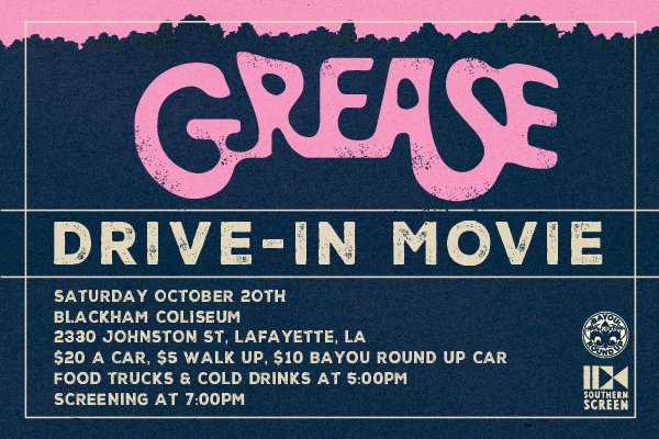 Southern_Screen's tweet photo. We are excited to announce that we are partnering up with @BayouRoundUp to screen @GoGrease as our fall drive-in on Saturday, October 20! This year marks the 40th anniversary of this classic film, so come celebrate with us! #SSDriveIn #Grease40 https://t.co/uWX2X294ET