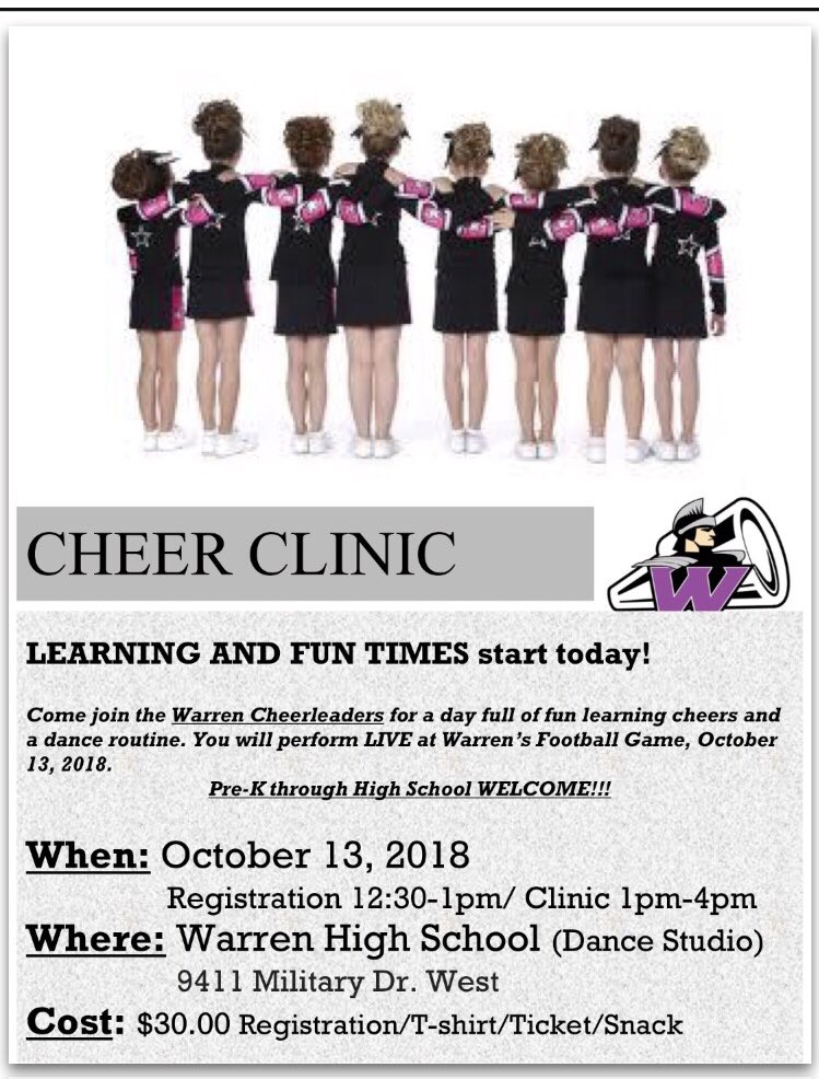 Warren_Press's tweet photo. REMINDER: The 2018 Cheer Clinic 📣 is Saturday, October 13th. Come join the fun! #WarrenCheer https://t.co/FRK4leG1aJ